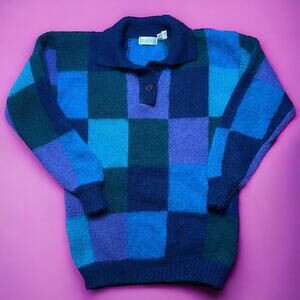 VINTAGE 90s Mohair Wool Sweater Collared Blue Monochrome Colorblock Size S